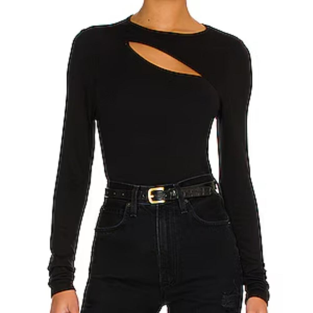 Monrow Black Ribbed Asymmetrical Strappy Long Sleeve Top S